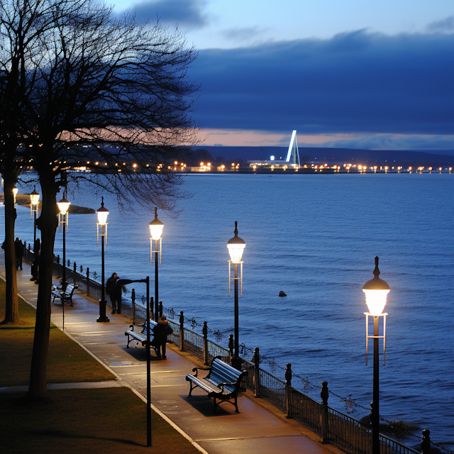 Twilight Promenade by the Cable-Stayed Bridge