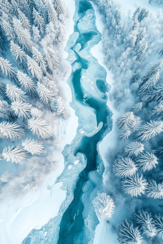 Aerial View of Frozen River and Snow-Covered Forest