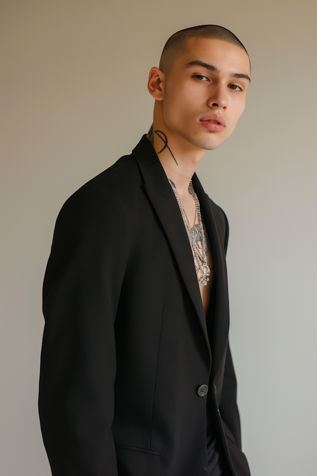 Contemplative Man with Tattoos in Suit Jacket and Necklaces