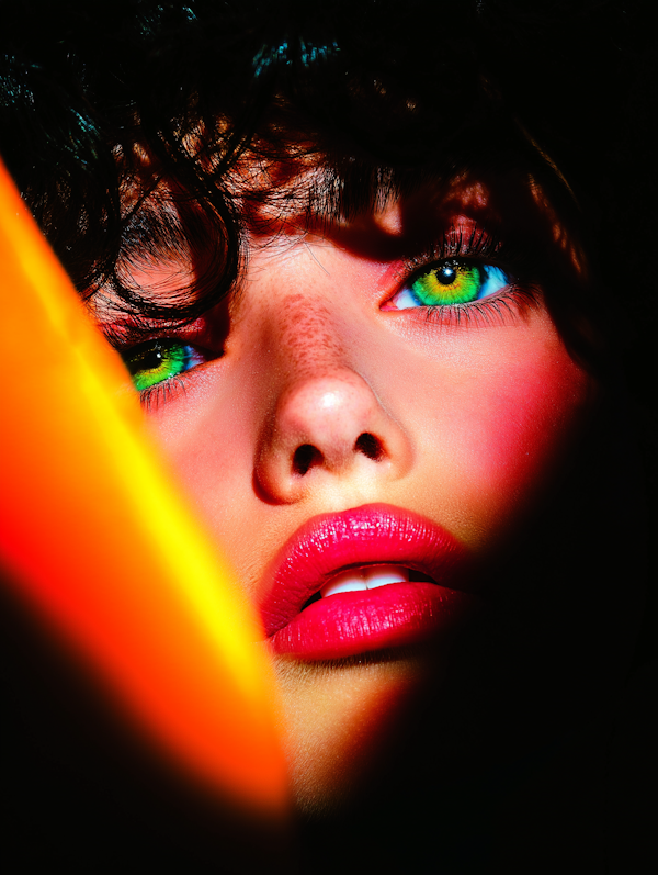 Close-up Portrait with Vivid Eyes and Bold Lips