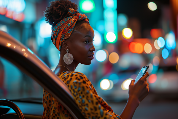 Urban Glow: A Contemplative Woman in a Vibrant Cityscape