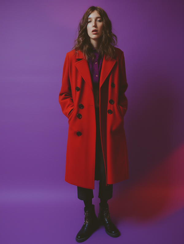 Stylish Woman in Red Coat Against Purple Background