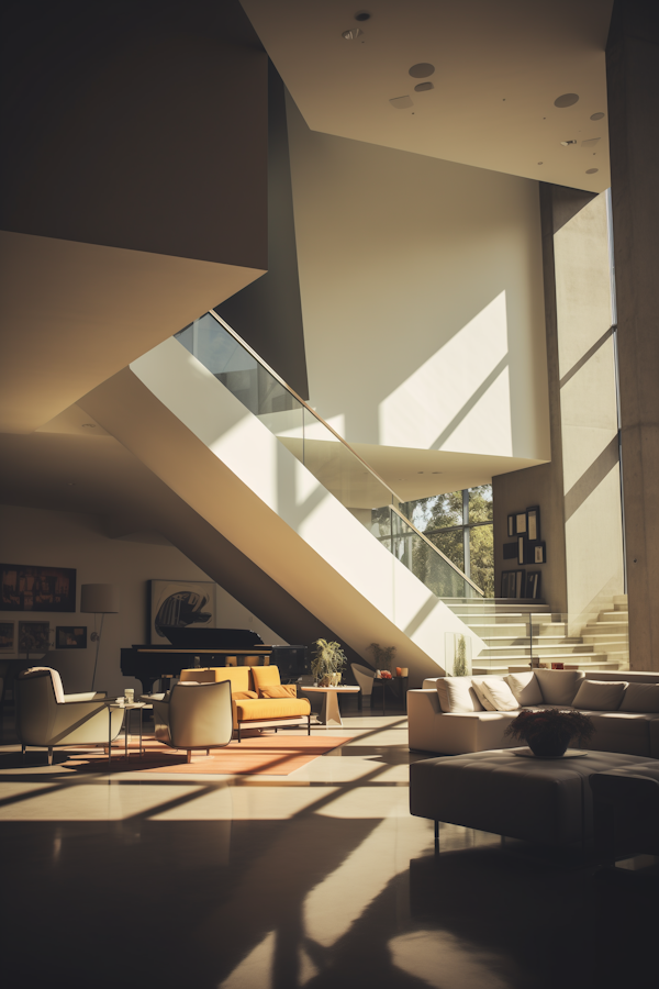 Sunlit Contemporary Living Room with Glass Staircase