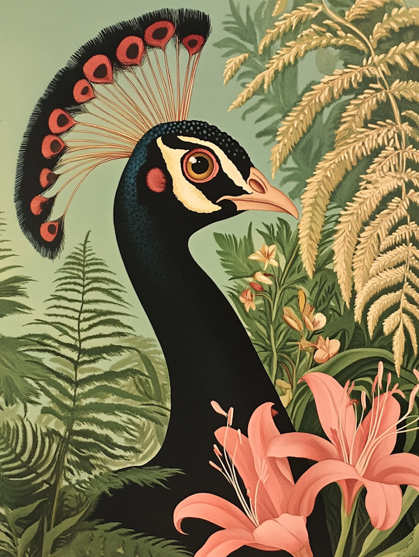 Stylized Peacock with Ferns and Flowers