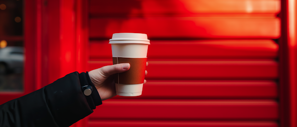 Hand Holding Coffee Cup Against Red Background