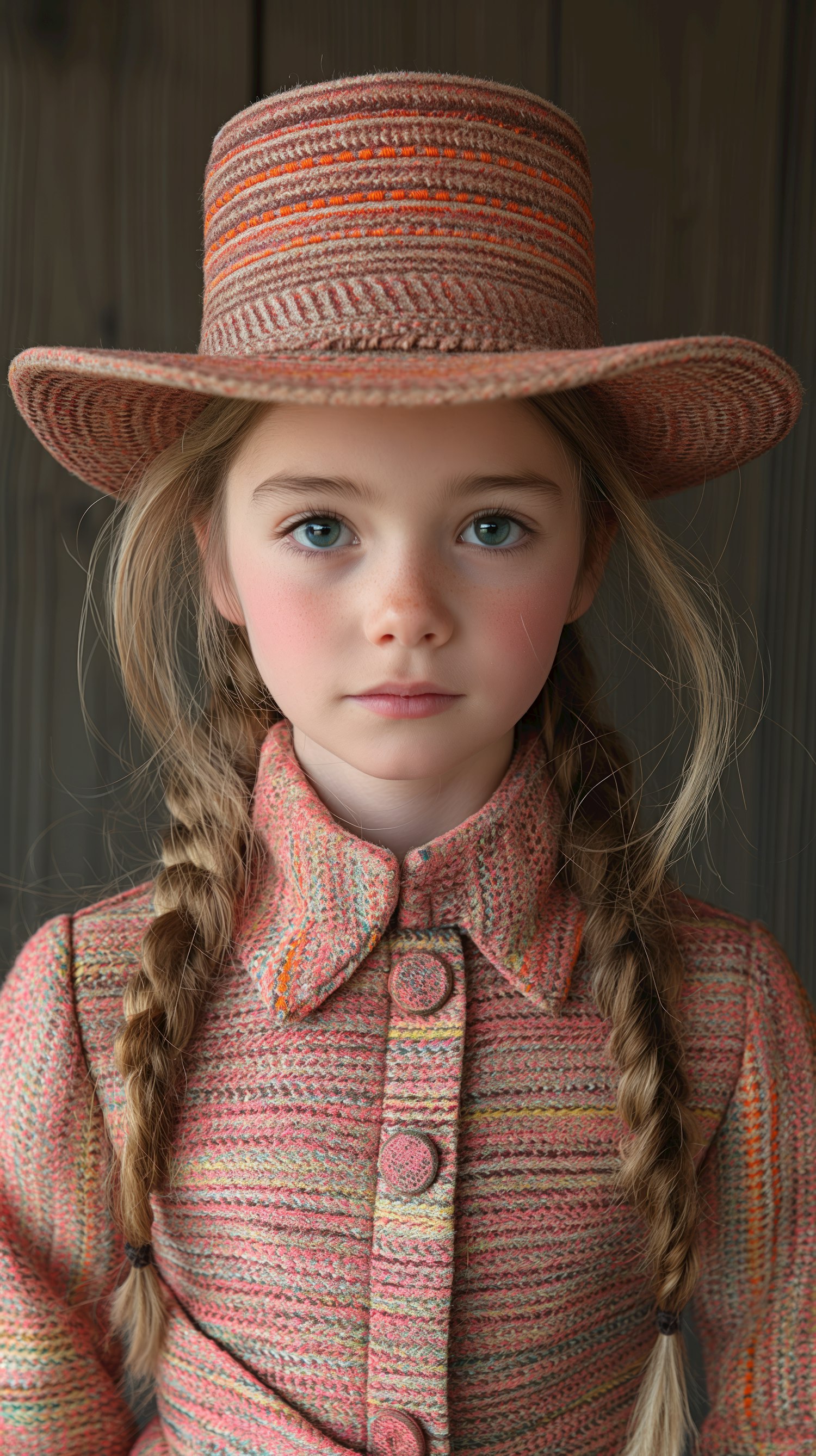 Young Girl in Woven Hat and Coat