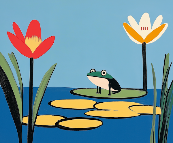 Serene Pond with Cartoon Frog