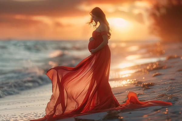 Pregnant Woman on Beach at Sunset
