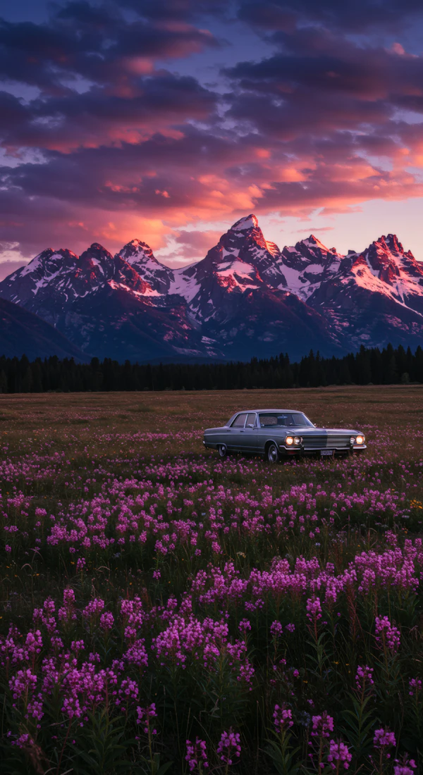 Classic Car in Wildflower Field