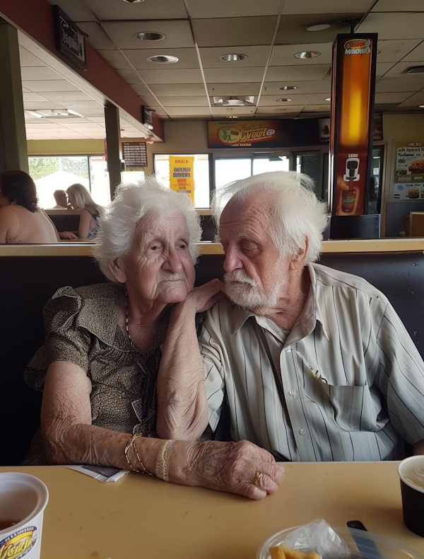 Elderly Couple Enjoying Intimate Moment in Restaurant