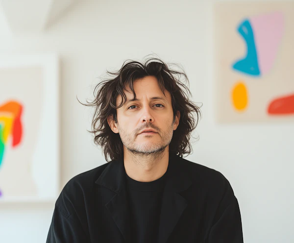 Contemplative Man with Abstract Art