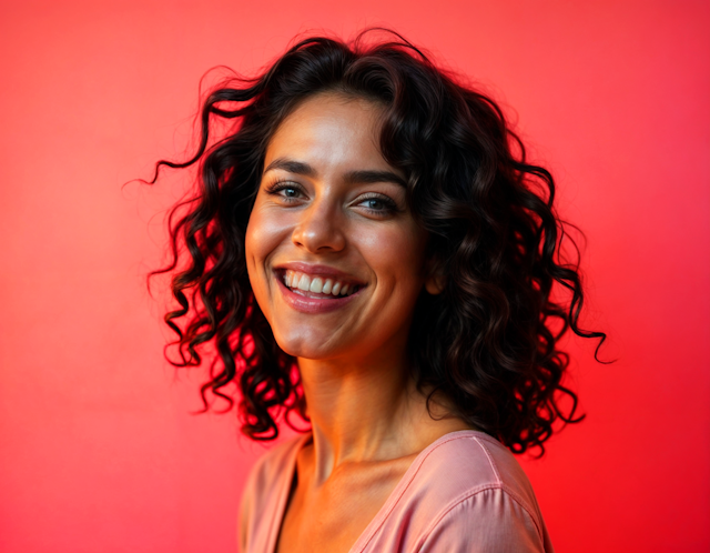 Woman with Curly Hair Against Red Background