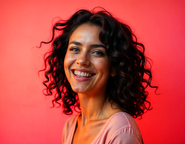 Woman with Curly Hair Against Red Background