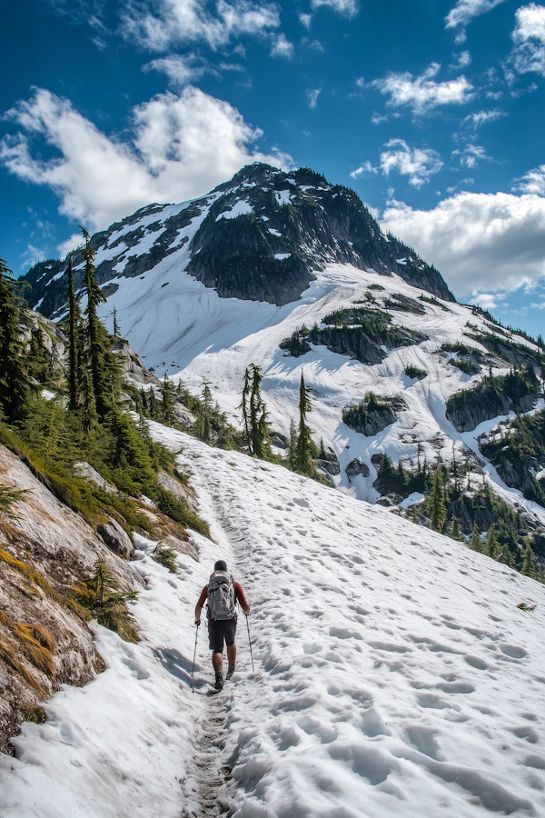Lone Hiker on Snowy Mountain Trail