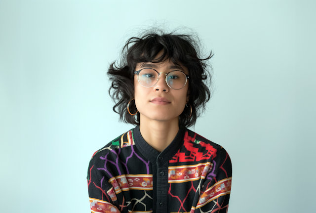 Serene Young Asian Woman with Gleaming Glasses