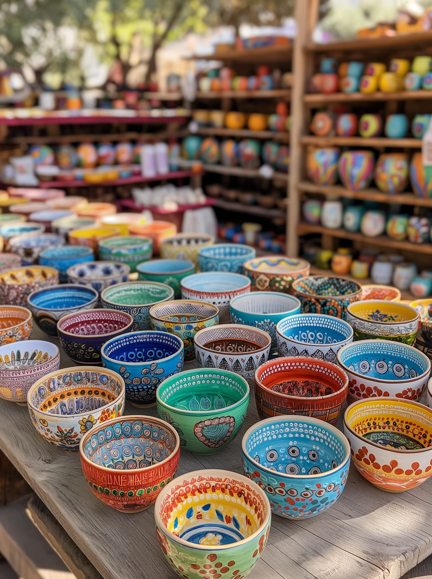 Hand-Painted Artisan Bowls at a Market