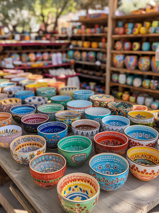 Hand-Painted Artisan Bowls at a Market