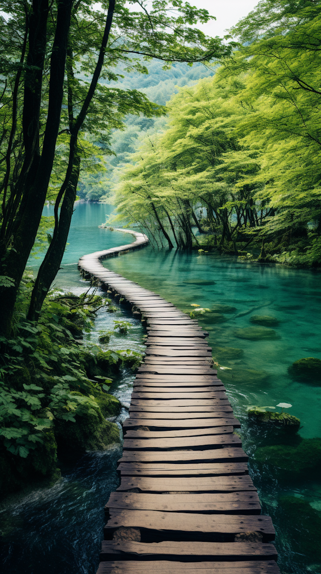 Tranquil Waterside Boardwalk Amidst Lush Greenery