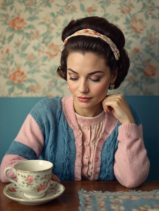 Vintage Woman with Floral Teacup