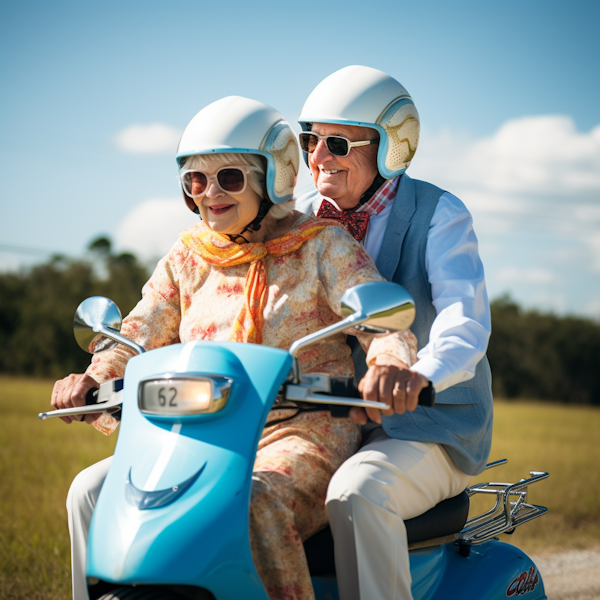 Joyful Elderly Couple's Scooter Adventure