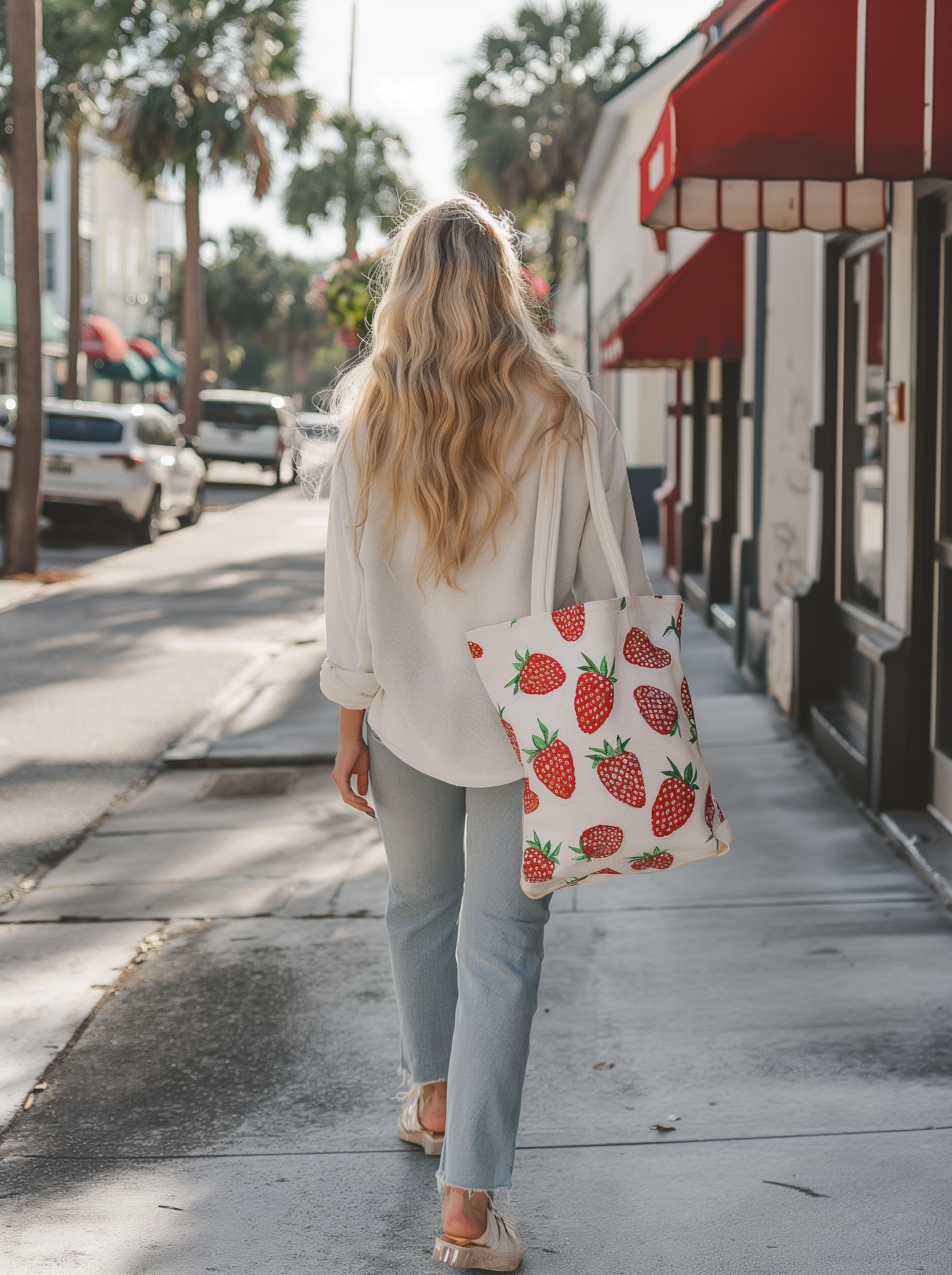 Woman Walking in Sunny City Street