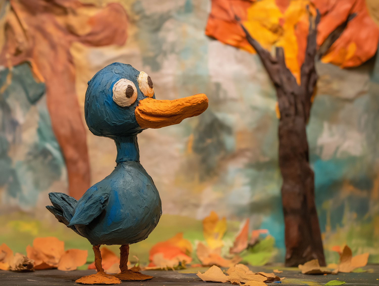 Claymation Blue Duck in Autumn Setting