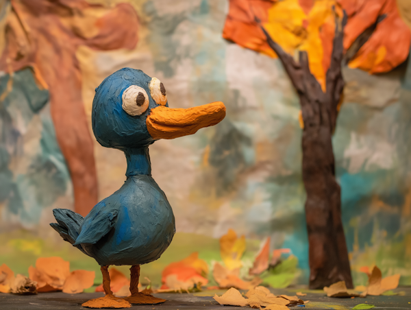 Claymation Blue Duck in Autumn Setting