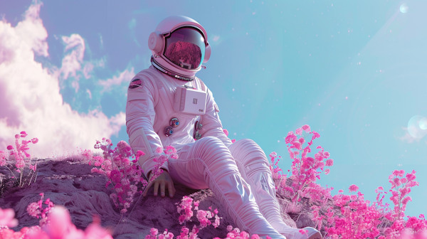 Astronaut in Field of Pink Flowers