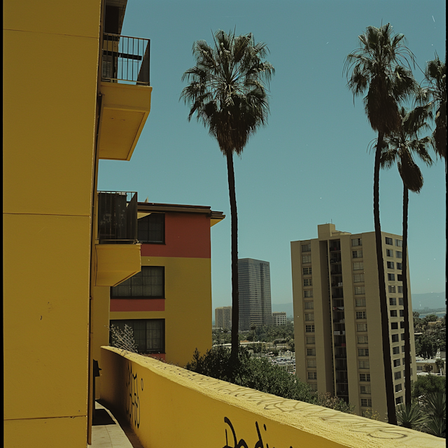 Sunny Urban Landscape with Palm Trees and Colorful Buildings