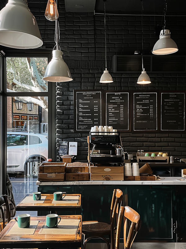 Cozy Cafe Interior with Soft Lighting and Greenery View