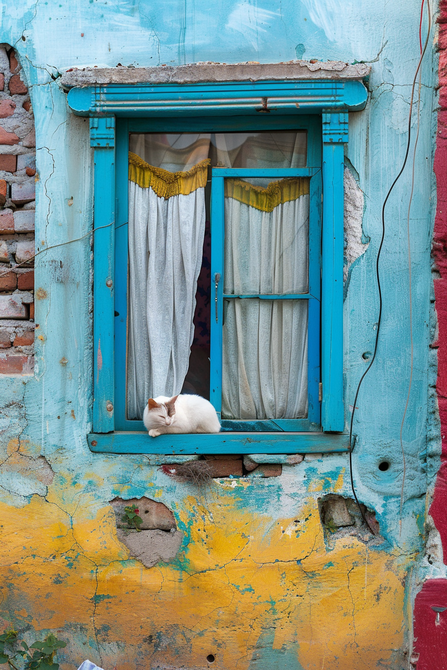 Serene Cat on Colorful Window Sill