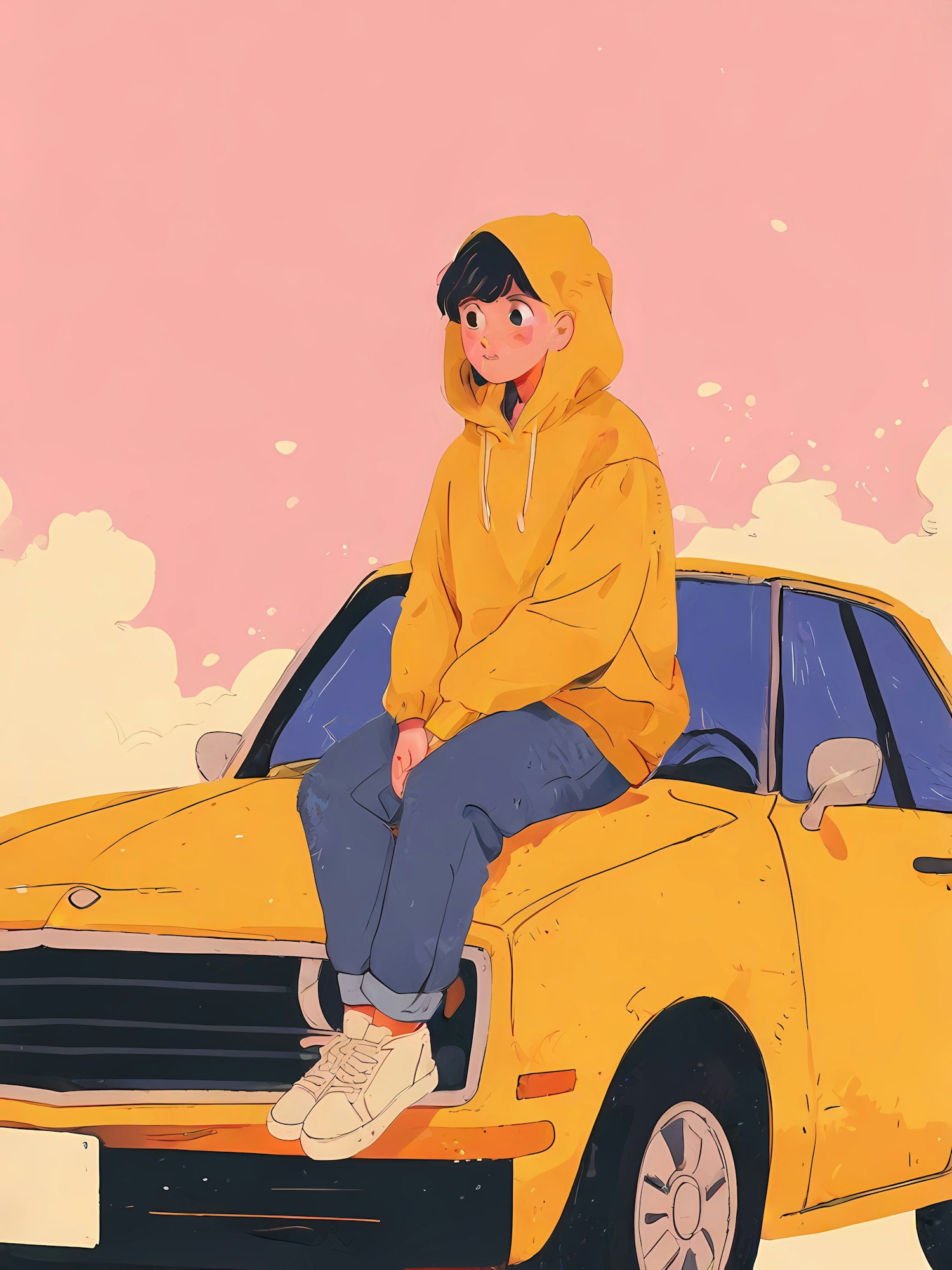 Contemplative Moment on Yellow Car