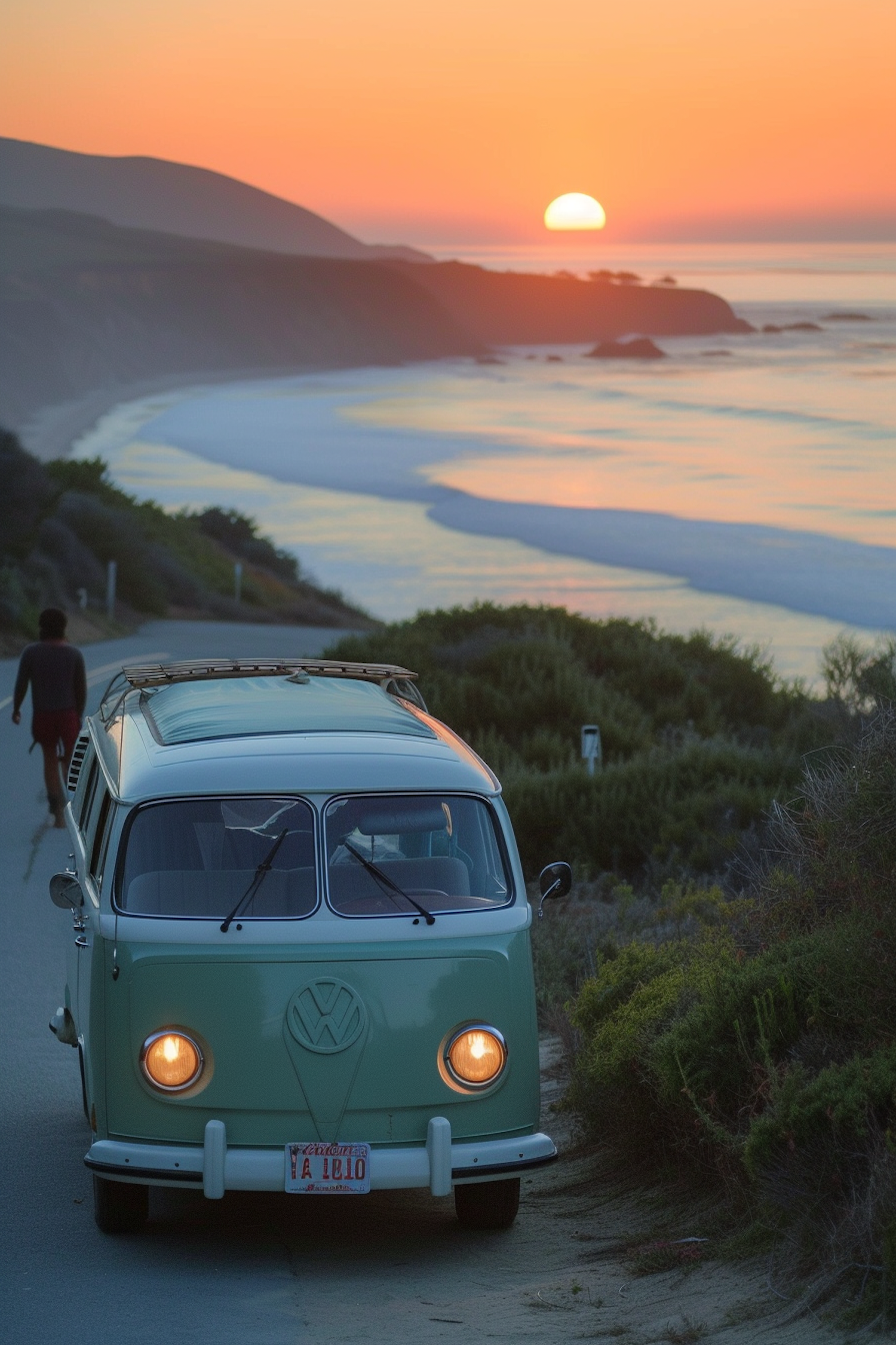 Serene Coastal Sunset with Vintage Van