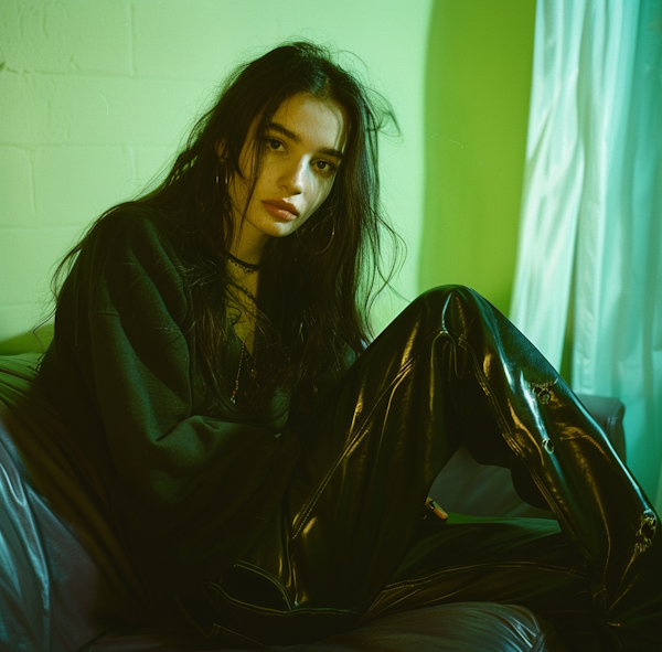 Contemplative Young Woman in Green Hue