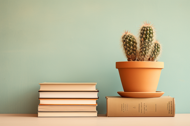 Tranquil Study with Cactus and Pastel Books