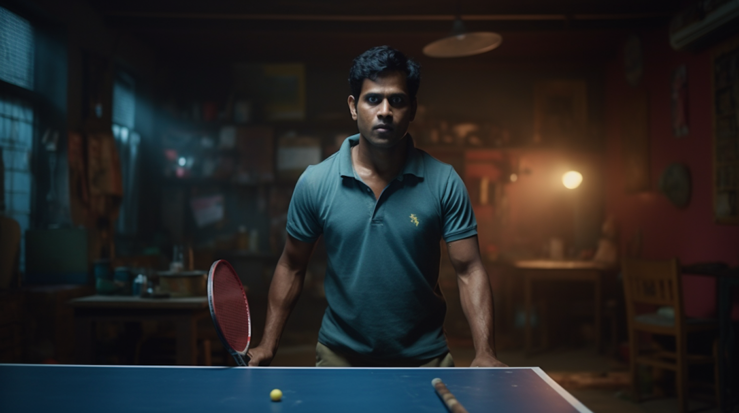 Focused Table Tennis Player in Atmospheric Blue