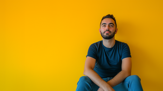 Contemplative Man with Headphones against Yellow Backdrop