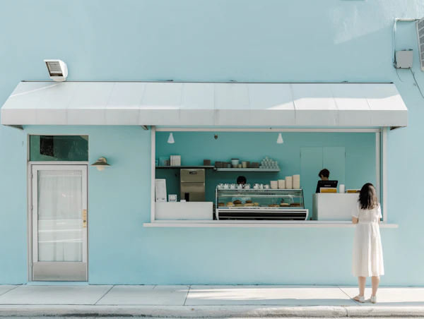 Calm Moment at a Pastel Blue Café