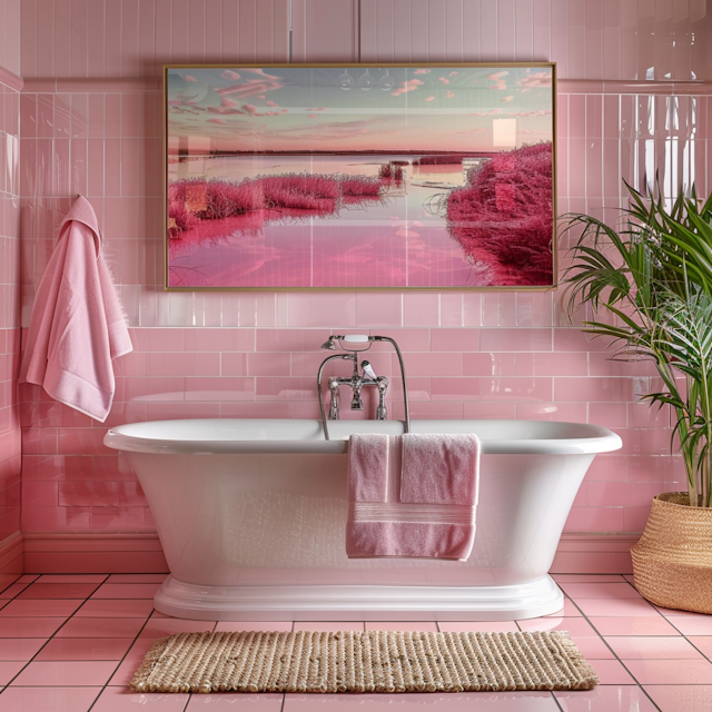 Stylish Pink Bathroom Interior with Bathtub and Artwork