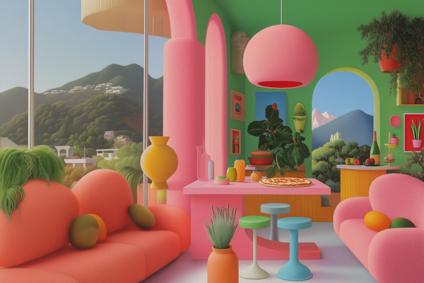 Vibrant Interior with Pink Table and Food