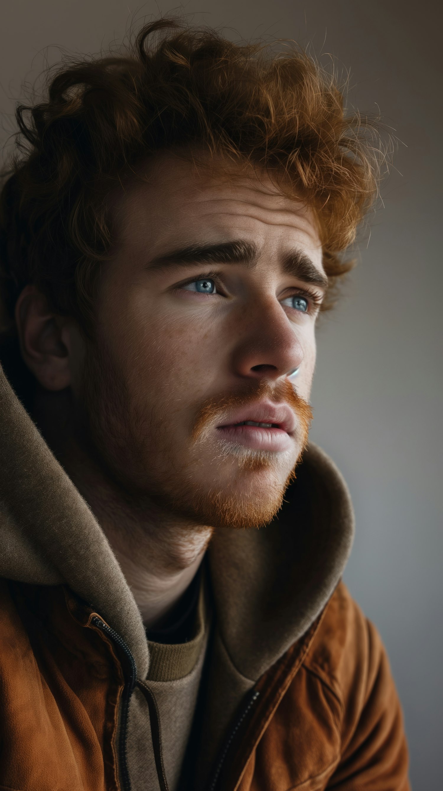 Contemplative Young Man with Curly Hair