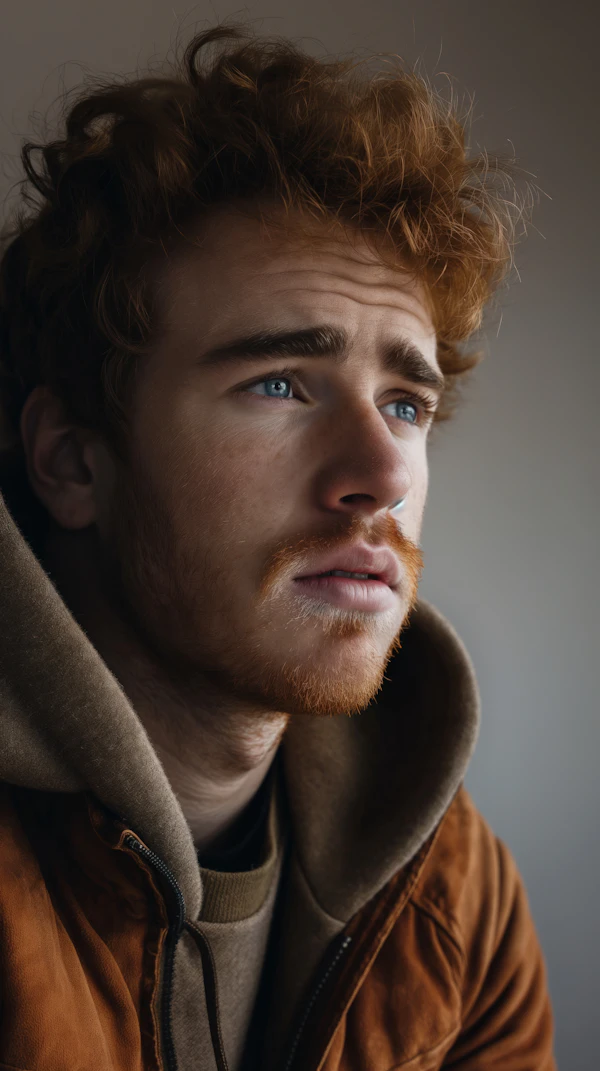 Contemplative Young Man with Curly Hair