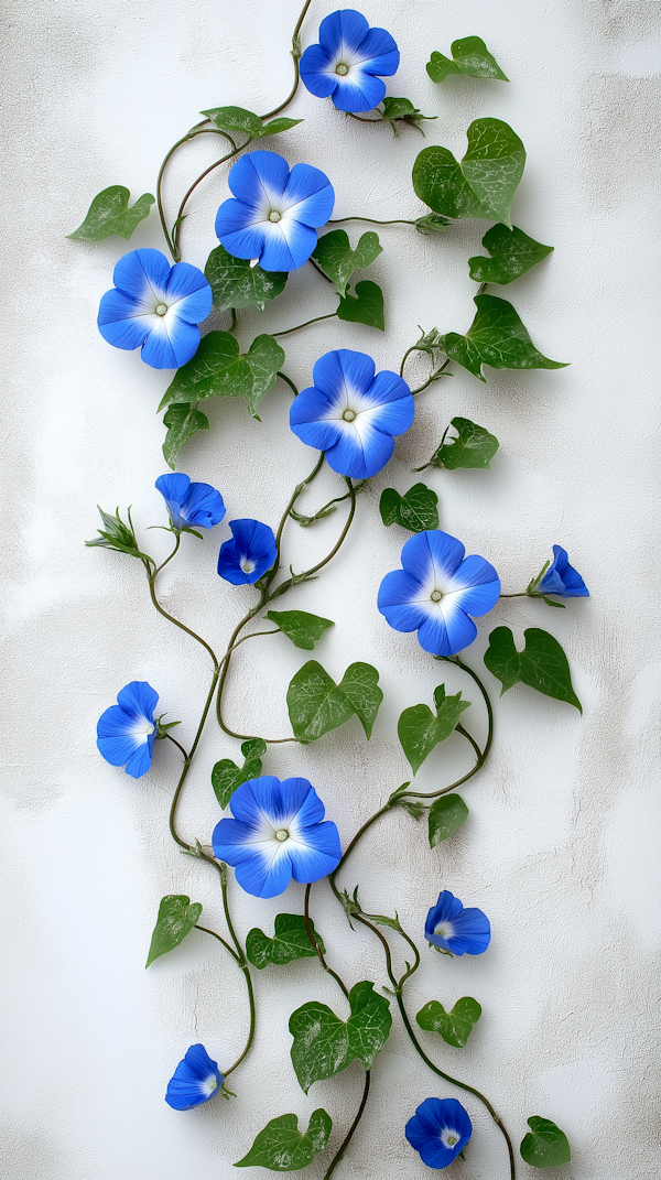 Vibrant Blue Morning Glories Against White Wall