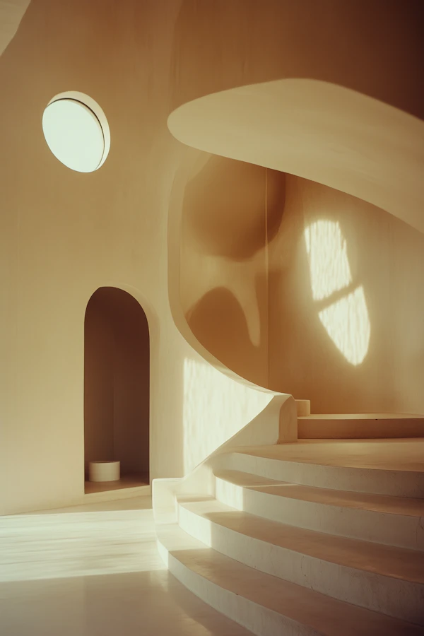 Serene Minimalist Interior with Curved Staircase