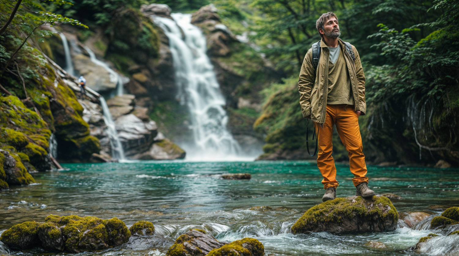 Man Contemplating Nature on River Hike