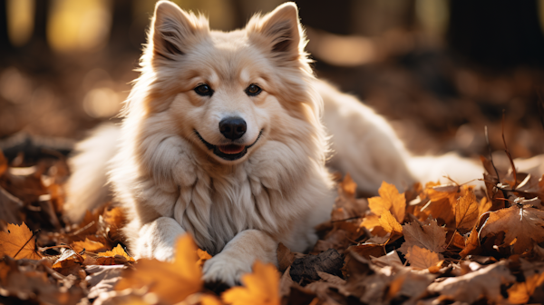 Autumn Bliss: Cream Pooch Amidst Fall Foliage