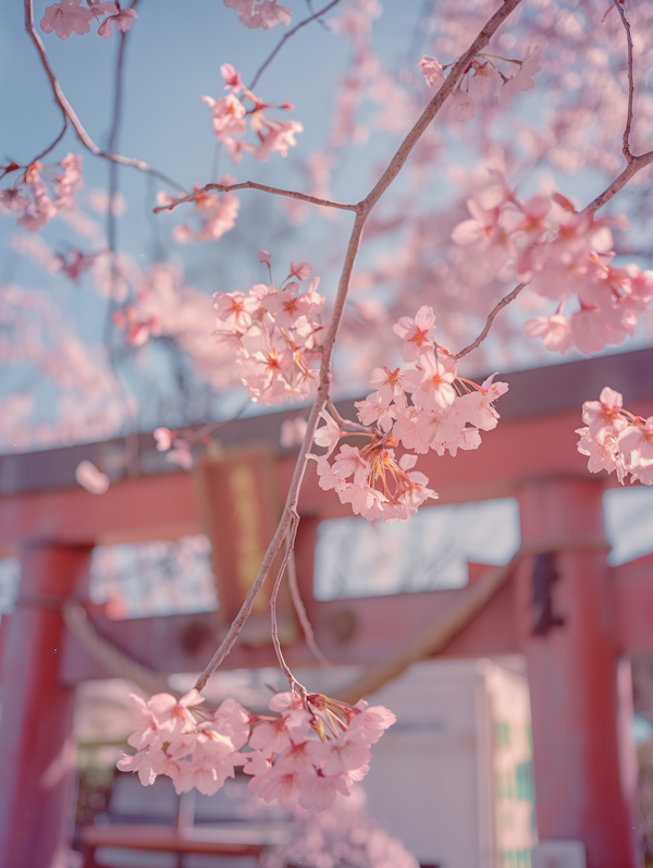 Japanese Cherry Blossom with Traditional Red Torii Gate
