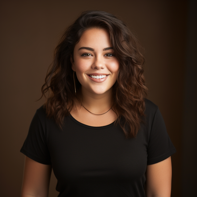 Warm and Engaging Professional Portrait of Smiling Woman with Soft Waves