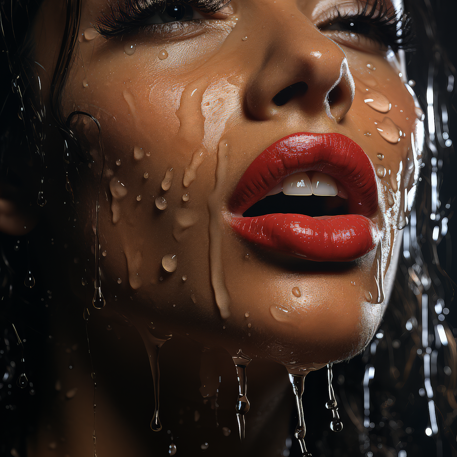 Alluring Woman with Water Droplets on Face