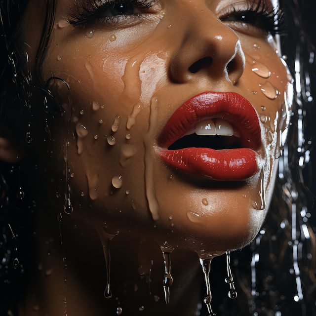 Alluring Woman with Water Droplets on Face